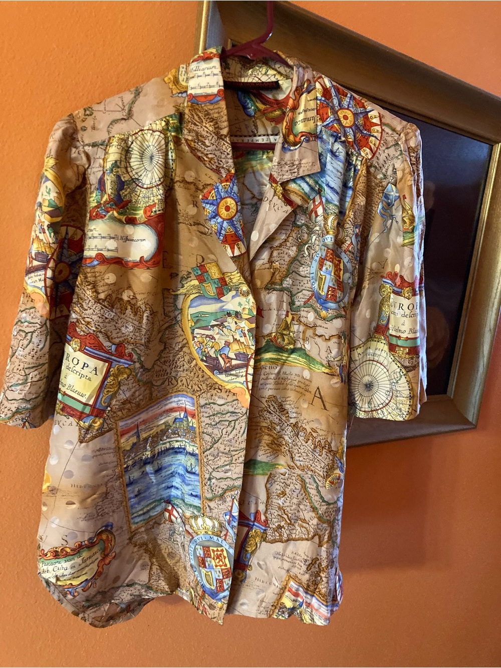 Map-Print Button-Up Blouse in Beige and Multicolor - Picture 8 of 10
